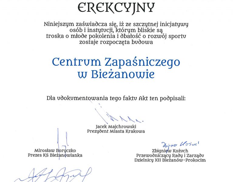 Akt erekcyjny Centrum Zapaśnicze Bieżanów